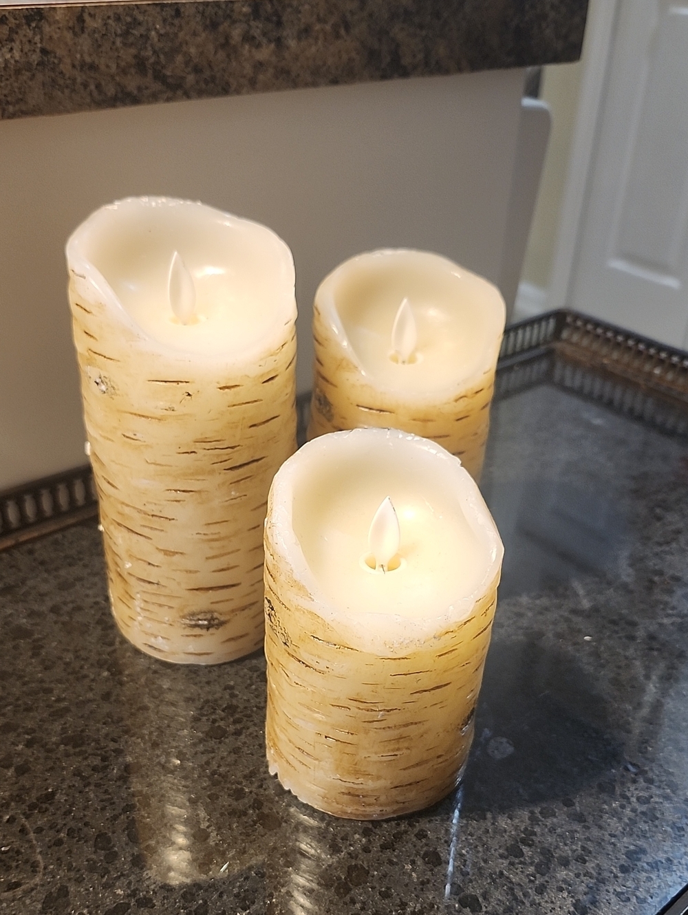 LED Birch Bark Pillar Candle Set in Cream - Unbranded